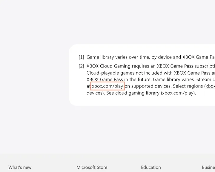 Microsoft at desktop size, the frame on what this finding is about: A footnote link on Surface help has no mark that it's a link.