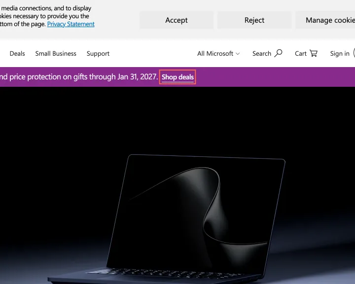 Microsoft at desktop size, the frame on what this finding is about: Controls on 26 of 36 pages omit visible words, 'Shop now' and 'Buy' the purchase ones.