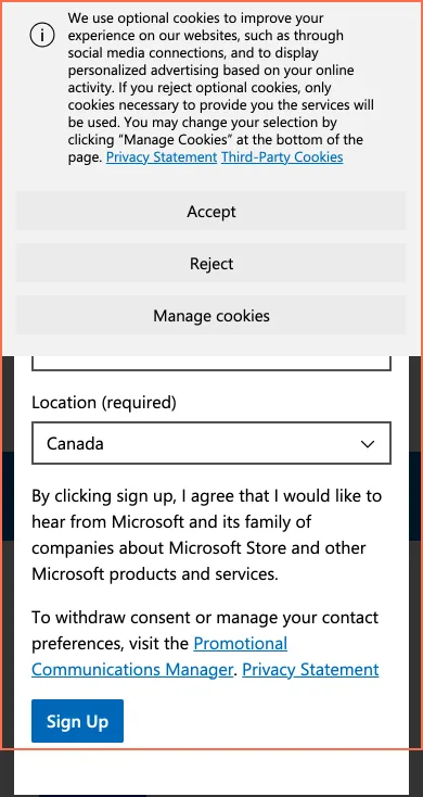 Microsoft at phone size, the frame on what this finding is about: A sign-up dialog opens on load, and at 390 px the cookie banner covers its Close button.