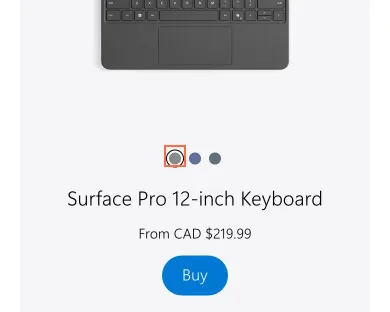 Microsoft at phone size, the frame on what this finding is about: Colour swatches on Surface accessories measure 12 × 12 px on tablets and phones.