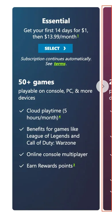 Microsoft at phone size, the frame on what this finding is about: Hidden Game Pass plan cards keep a focusable link at 820 and 390 px.