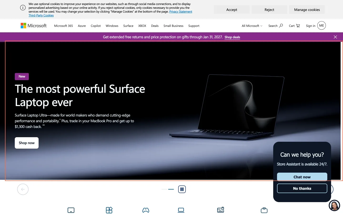 Microsoft at desktop size, the frame on what this finding is about: The home page scrolls 32 px sideways at 1440 px.