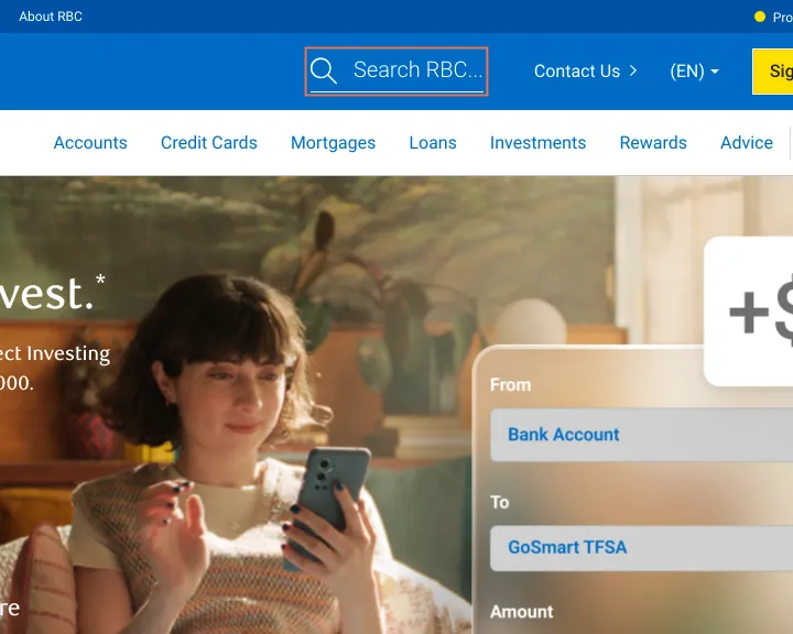 RBC Royal Bank at desktop size, the frame on what this finding is about: The RBC home page names 3 article cards 'object Object'.