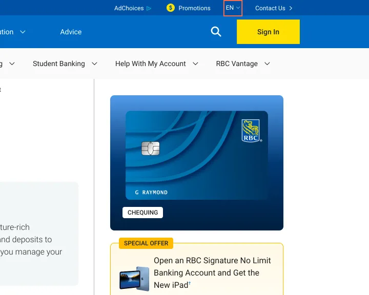 RBC Royal Bank at desktop size, the frame on what this finding is about: The language and search controls in the header have names that differ from their labels.