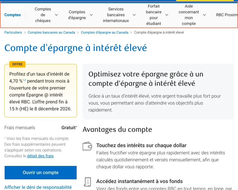 RBC Royal Bank at tablet size, the frame on what this finding is about: The French savings page is 57 px too wide at tablet width, and its last menu item is cut.