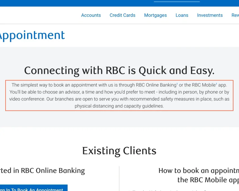 RBC Royal Bank at desktop size, the frame on what this finding is about: Book an Appointment still cites physical distancing and capacity guidelines.