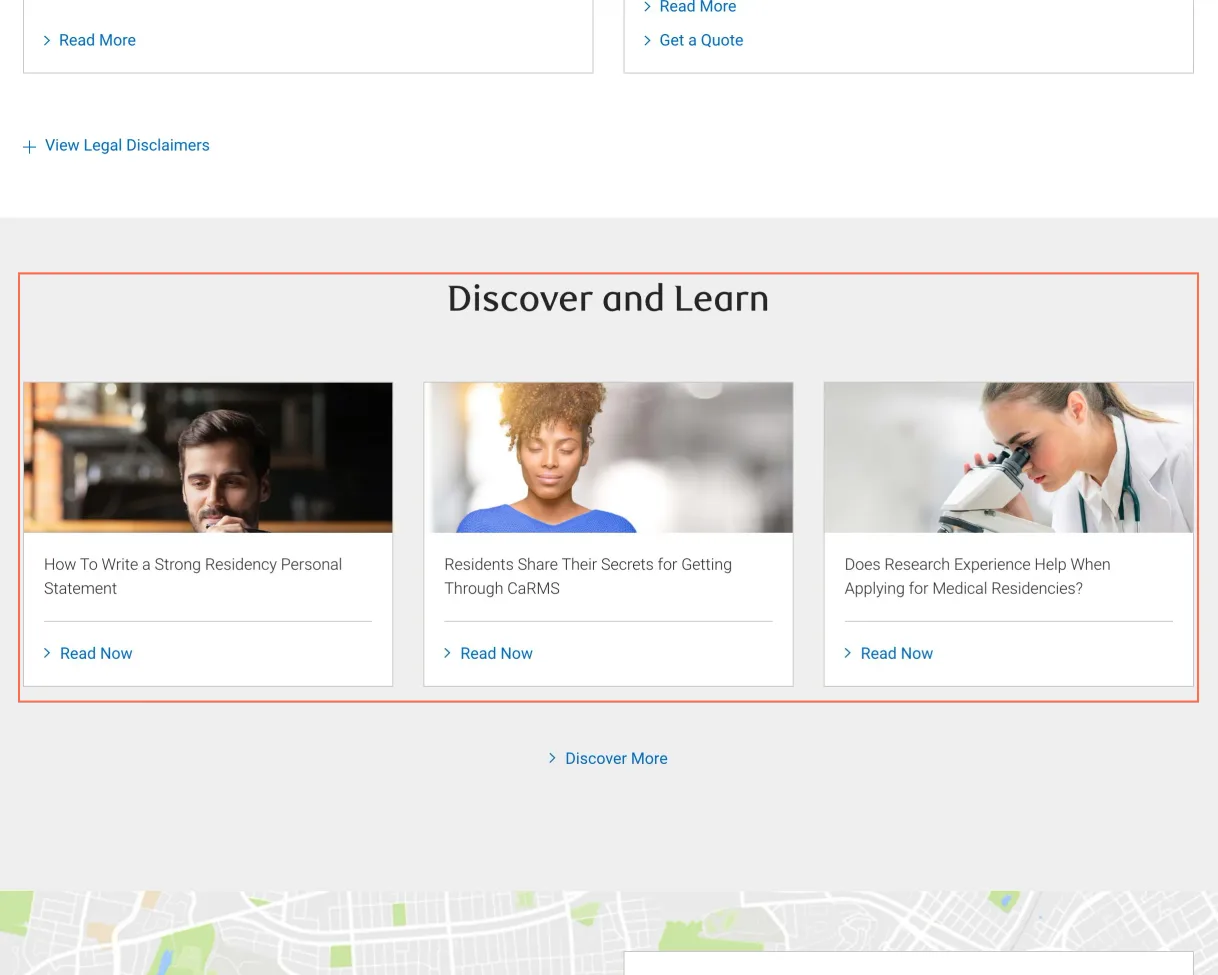RBC Royal Bank at desktop size, the frame on what this finding is about: The Insurance page's 'Discover and Learn' block lists articles for medical residents.