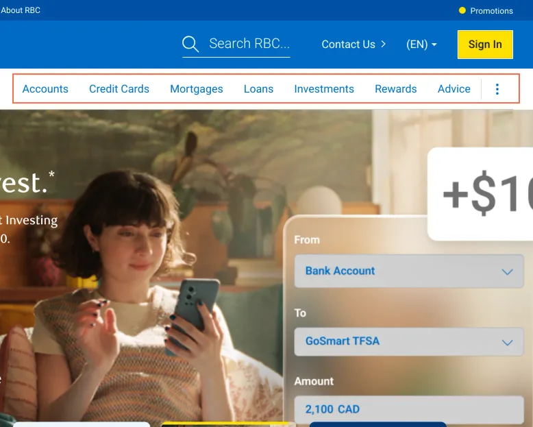 RBC Royal Bank at desktop size, the frame on what this finding is about: The main menu changes between the home page and Bank Accounts.