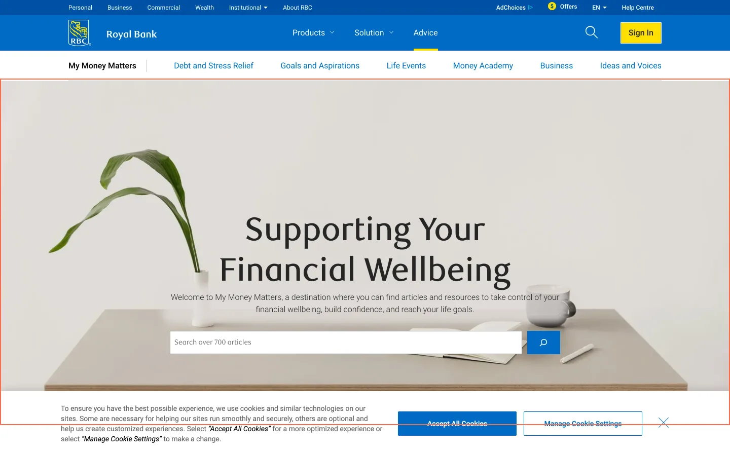 RBC Royal Bank at desktop size, the frame on what this finding is about: The My Money Matters search field is inside an element marked as an image.