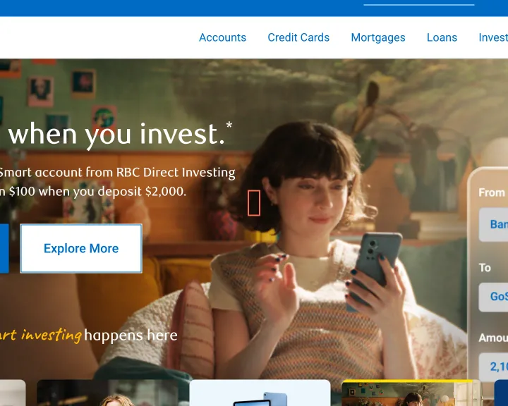 RBC Royal Bank at desktop size, the frame on what this finding is about: A footnote number in the home hero opens a new tab with no warning.