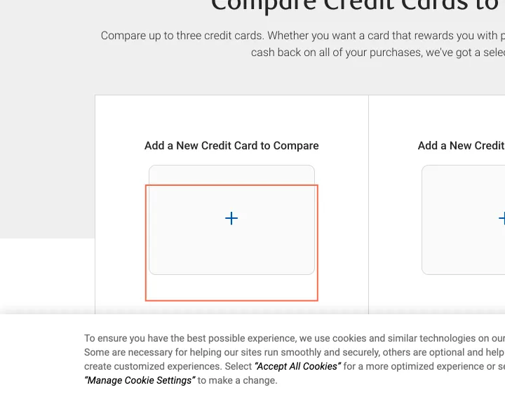 RBC Royal Bank at desktop size, the frame on what this finding is about: The 3 'Add a New Credit Card to Compare' buttons on Compare Credit Cards have no name.
