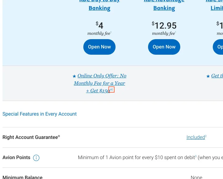 RBC Royal Bank at desktop size, the frame on what this finding is about: Footnote links on Compare Chequing Accounts are 4.3 px wide and named 'legal bug'.