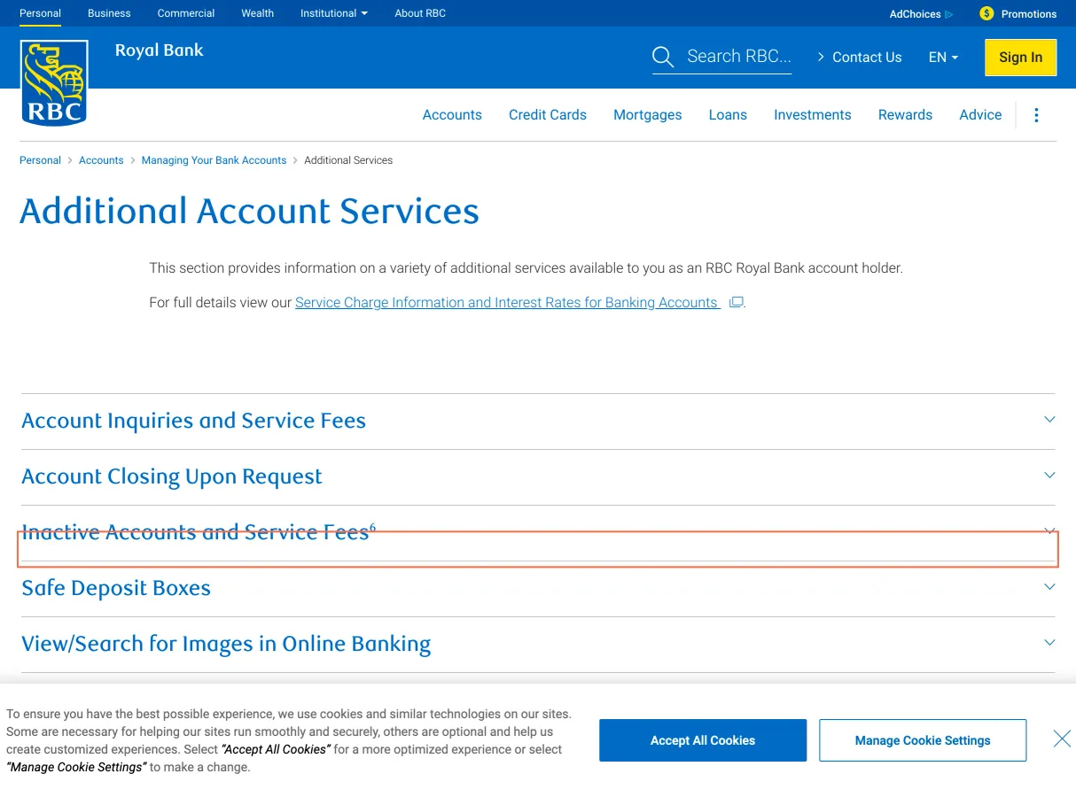 RBC Royal Bank at desktop size, the frame on what this finding is about: Accordion buttons on the Avion card and fees pages have footnote links inside them.