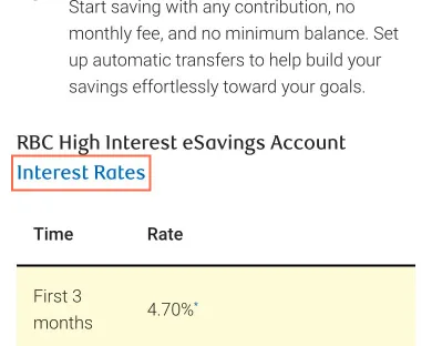 RBC Royal Bank at phone size, the frame on what this finding is about: The 'Interest Rates' link on the eSavings page is marked by colour alone.