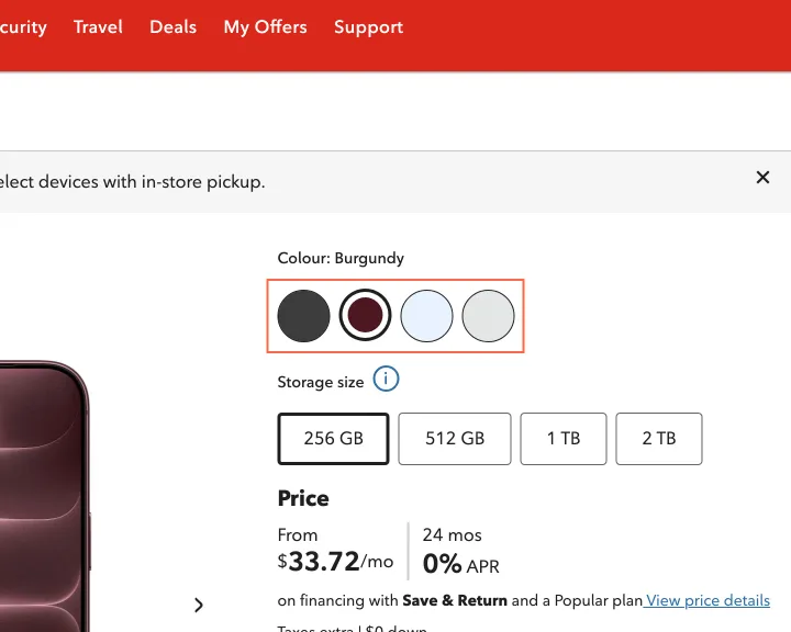 Rogers at desktop size, the frame on what this finding is about: The iPhone 18 Pro colour choices have no names, in a group called 'Radio Group Label'.