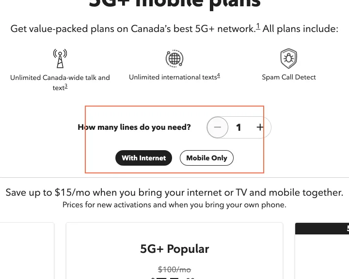 Rogers at desktop size, the frame on what this finding is about: Mobile plans shows the with-internet price before anyone has said they have internet.