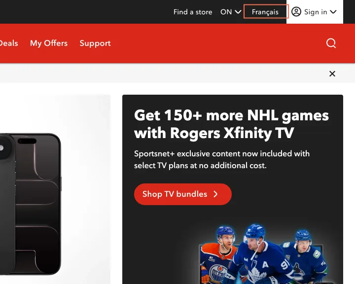 Rogers at desktop size, the frame on what this finding is about: The header's 'Français' link is a switch with no state, and 'ON' is named 'Province'.