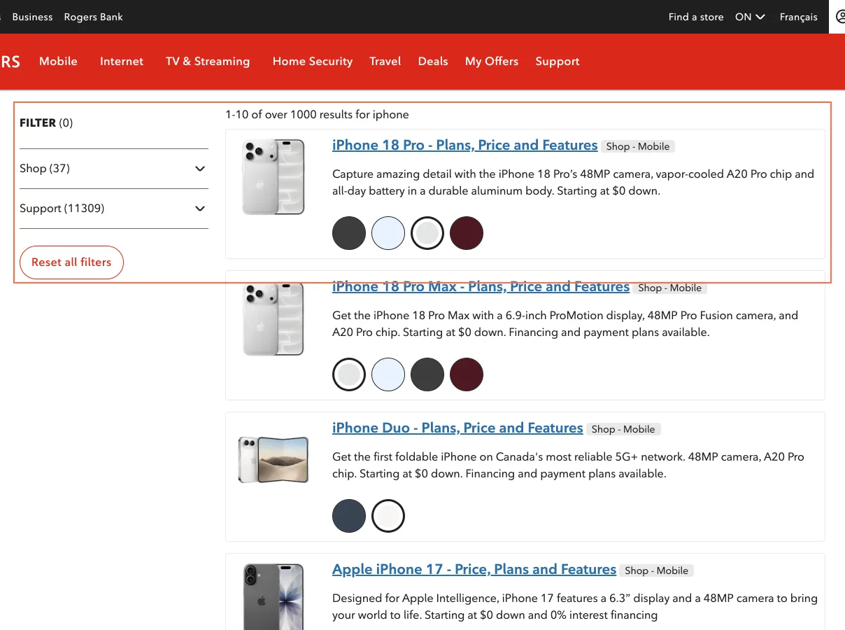 Rogers at desktop size, the frame on what this finding is about: Search results have unnamed page arrows and an unnamed results-per-page select.