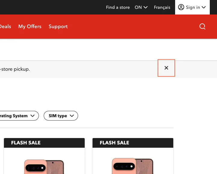 Rogers at desktop size, the frame on what this finding is about: The × on the offer banner has no name.
