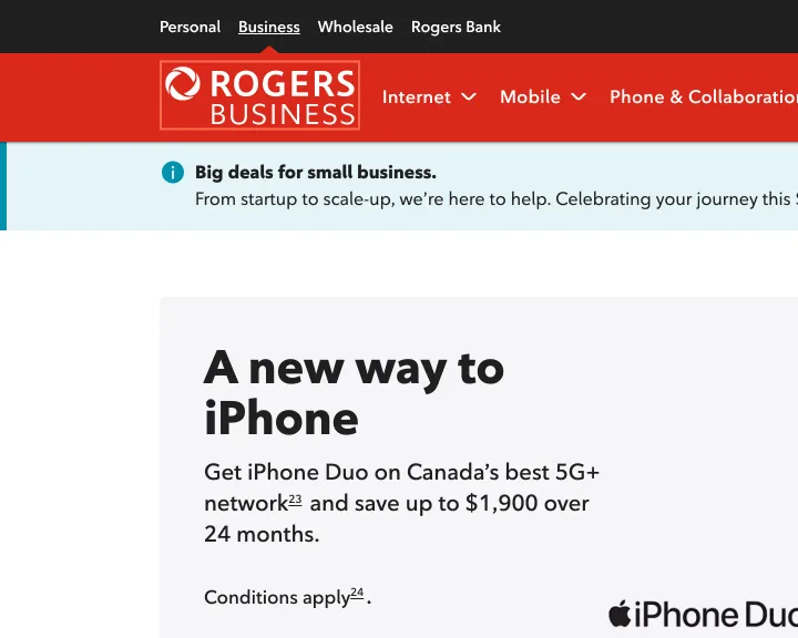 Rogers at desktop size, the frame on what this finding is about: The Rogers Business logo link has no name, and the phone thumbnails have none either.
