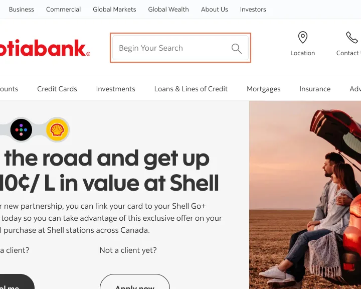 Scotiabank at desktop size, the frame on what this finding is about: The header search box is named 'trending search results below'.