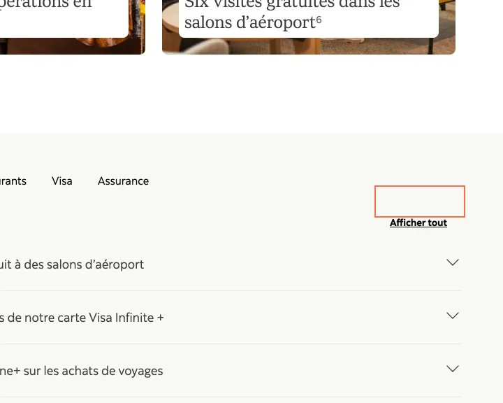 Scotiabank at desktop size, the frame on what this finding is about: The French card page names 'Afficher tout' as 'Masquer tout'.