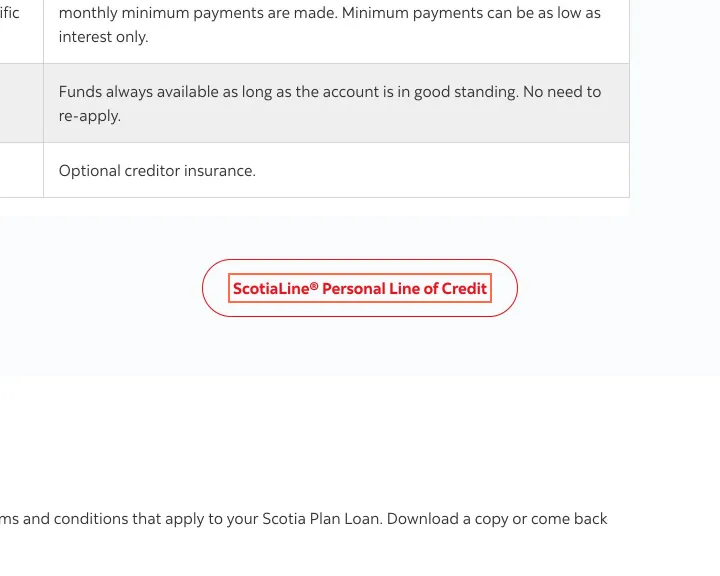 Scotiabank at desktop size, the frame on what this finding is about: The ScotiaLine link on the Scotia Plan Loan page measures 4.35:1.