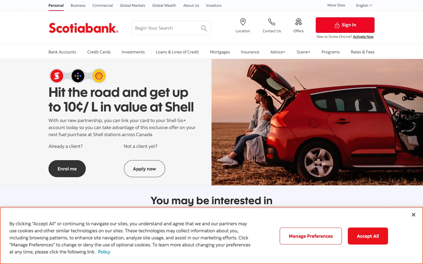 Scotiabank at desktop size, the frame on what this finding is about: The privacy notice holds the Tab key until it's closed.