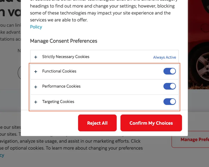 Scotiabank at desktop size, the frame on what this finding is about: The preference panel opens with Targeting Cookies on.