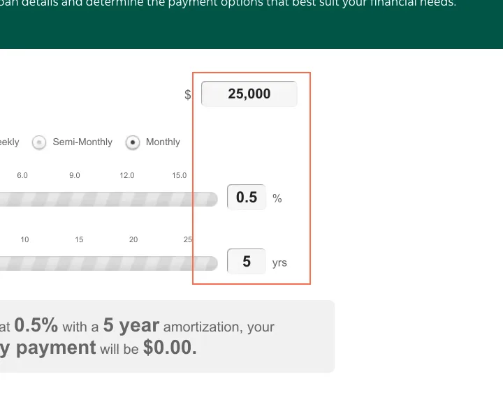 Scotiabank at desktop size, the frame on what this finding is about: The Personal Loan Calculator's 3 inputs have no label.
