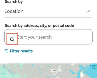 Scotiabank at phone size, the frame on what this finding is about: The locator's Search button has no name at 390 px.