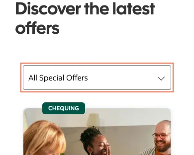 Scotiabank at phone size, the frame on what this finding is about: The Offers filter is a select with role 'tablist' and no name.