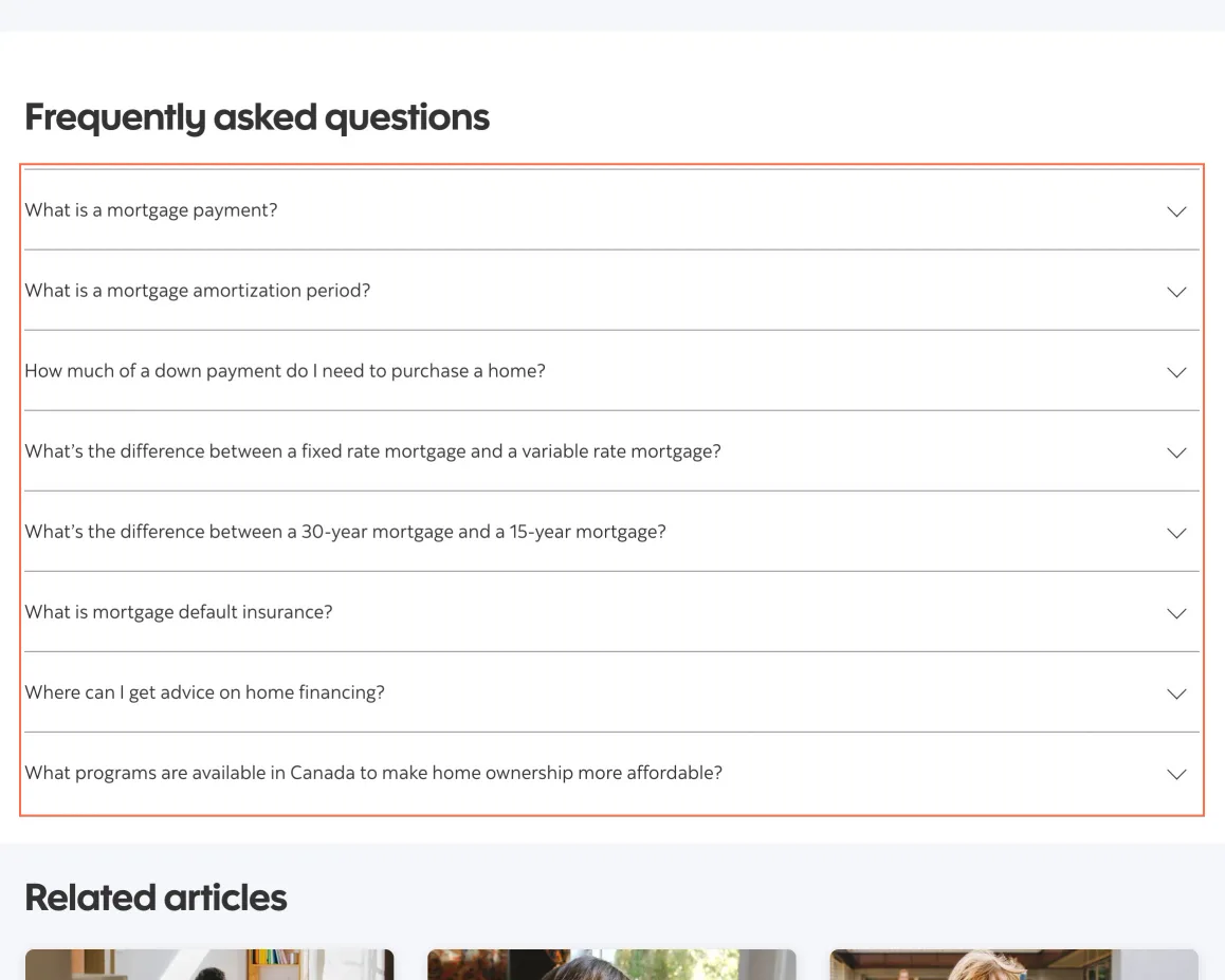 Scotiabank at desktop size, the frame on what this finding is about: FAQ rows on Mortgages use role 'tab' around a button, with no tab list.