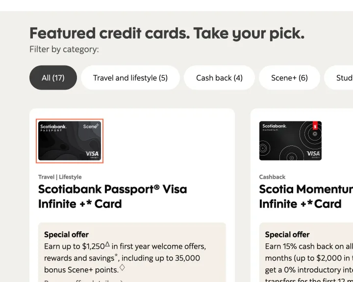 Scotiabank at desktop size, the frame on what this finding is about: 3 card images on Credit Cards have no alt attribute.