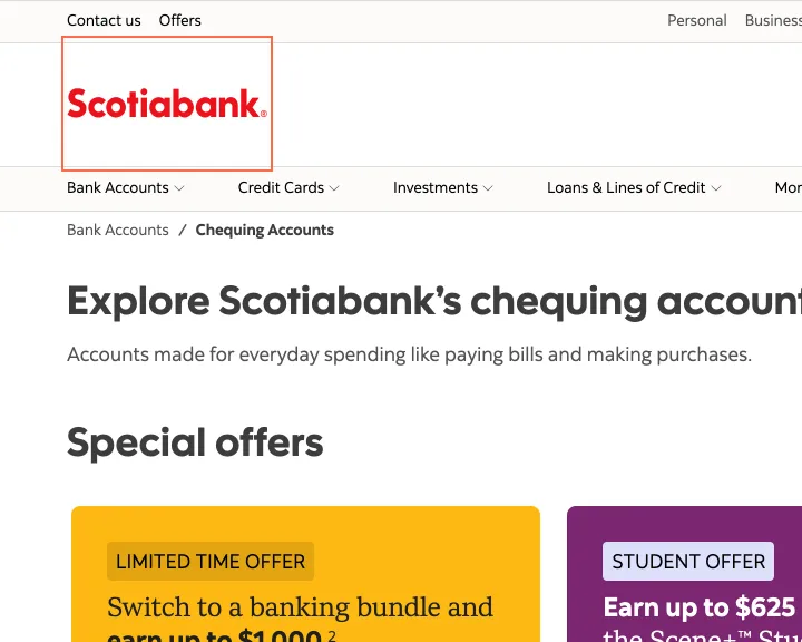 Scotiabank at desktop size, the frame on what this finding is about: The logo link has no name on 9 pages.