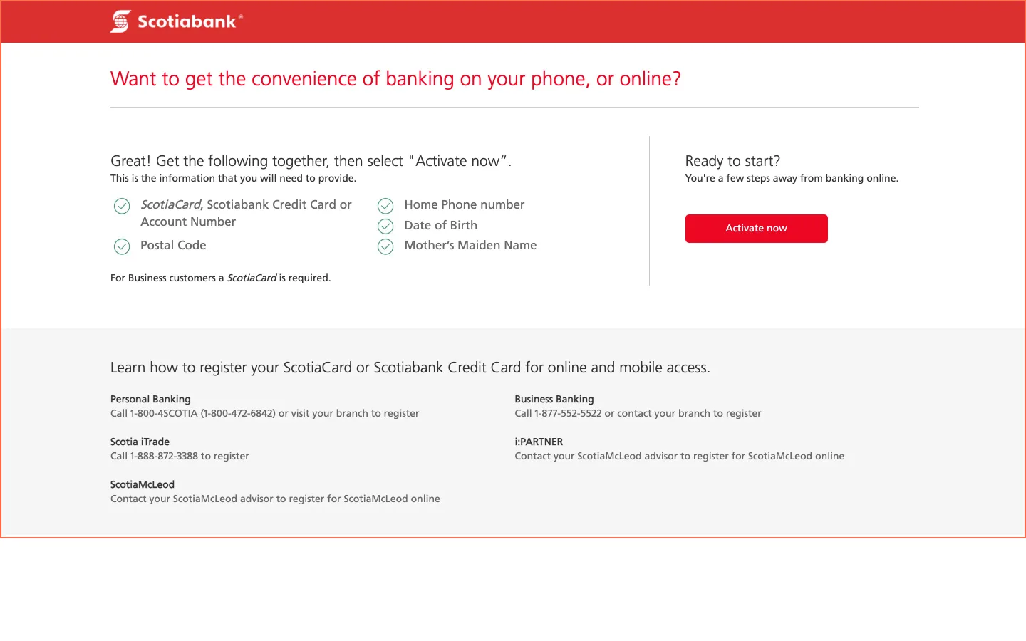 Scotiabank at desktop size, the frame on what this finding is about: The Activate Scotia OnLine page sets no language.