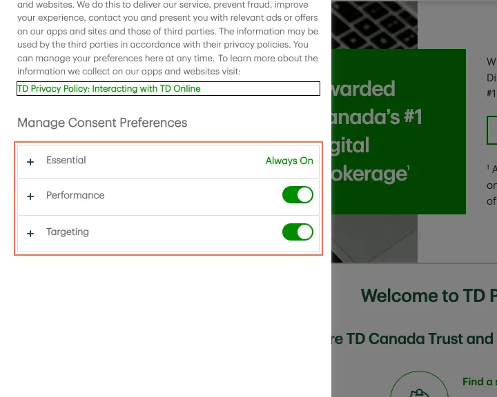TD at desktop size, the frame on what this finding is about: The privacy preferences open with Performance and Targeting switched on.