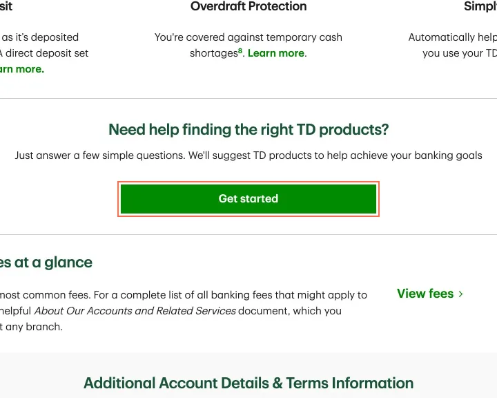 TD at desktop size, the frame on what this finding is about: A 'Get started' button on the chequing page is named for a Starbucks offer.