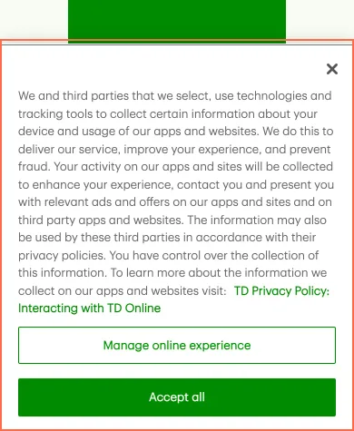TD at phone size, the frame on what this finding is about: On a phone the privacy notice covers half the screen and the open menu.