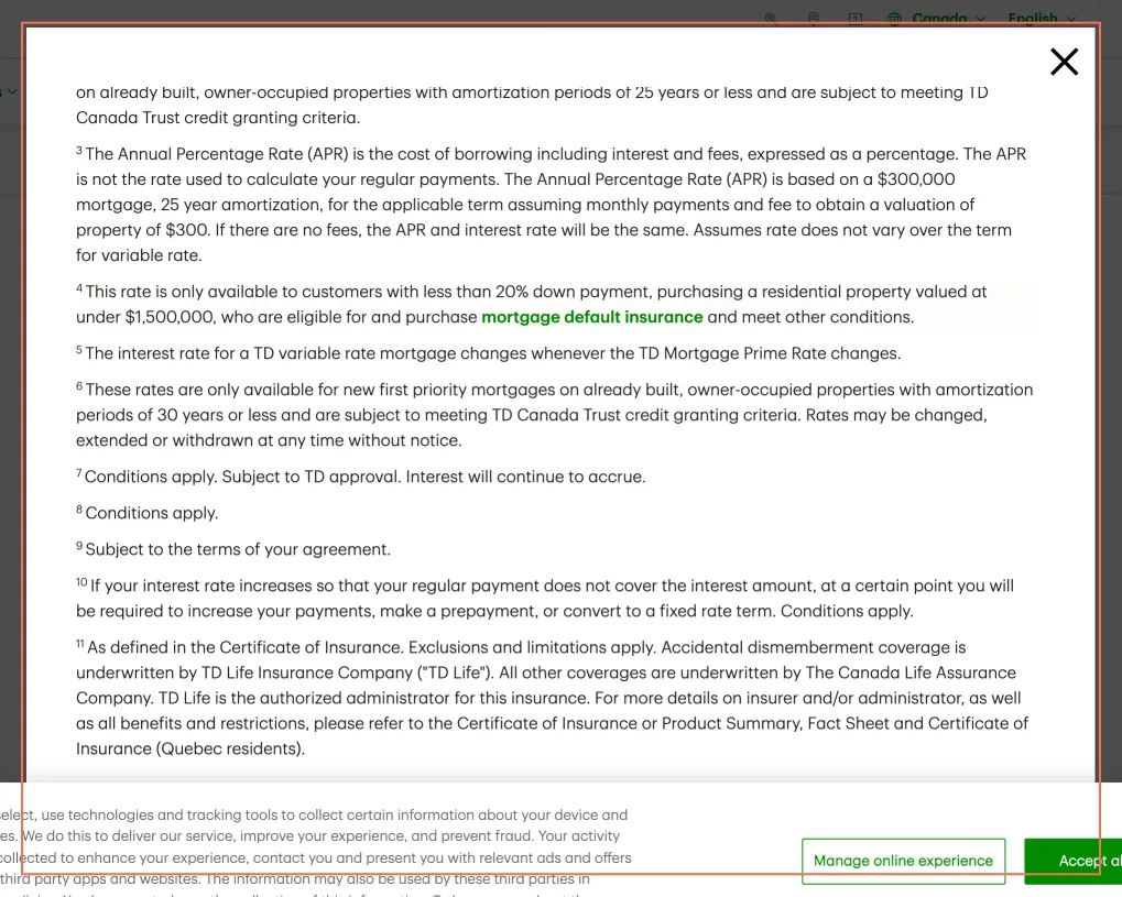 TD at desktop size, the frame on what this finding is about: Each footnote on the mortgage rates page opens the same list of 11 notes.