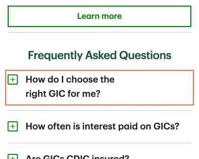TD at phone size, the frame on what this finding is about: Closed FAQ answers on the GIC rates page still take keyboard focus.