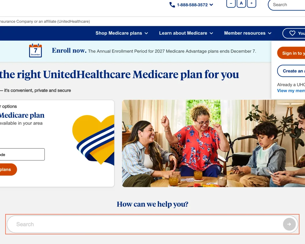 uhc.com at desktop size, the frame on what this finding is about: The Medicare page's 'How can we help you?' search has invalid ARIA and an unseen focus.