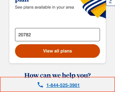 uhc.com at phone size, the frame on what this finding is about: On phones the Medicare call bar nests a phone link inside a button and covers the search.