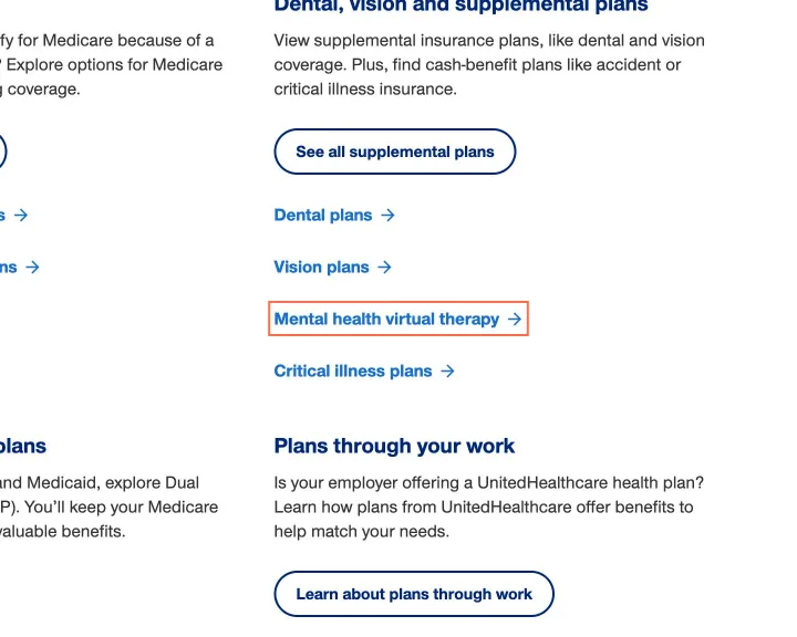 uhc.com at desktop size, the frame on what this finding is about: On Shop for a plan, 'Mental health virtual therapy' is named 'View accident insurance'.