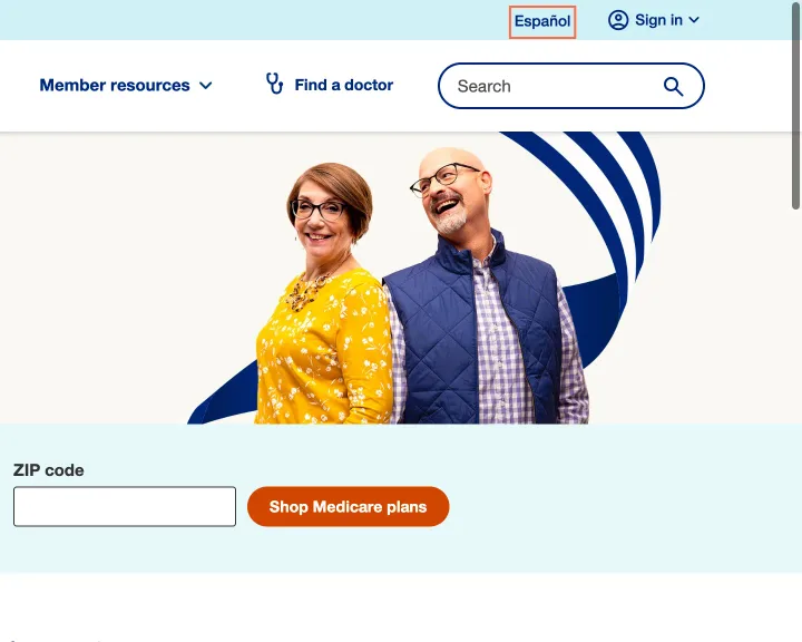 uhc.com at desktop size, the frame on what this finding is about: On Shop for a plan the header’s ‘Español’ link is 20 px tall, with a target within 12 px.
