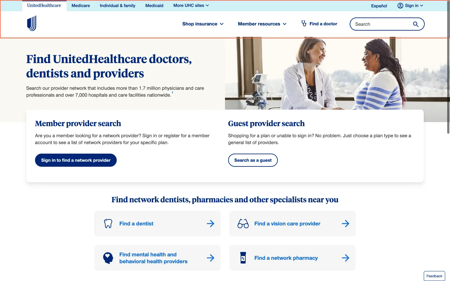 uhc.com at desktop size, the frame on what this finding is about: Seven pages are 1446 px wide at 1440 px and move 6 px sideways.