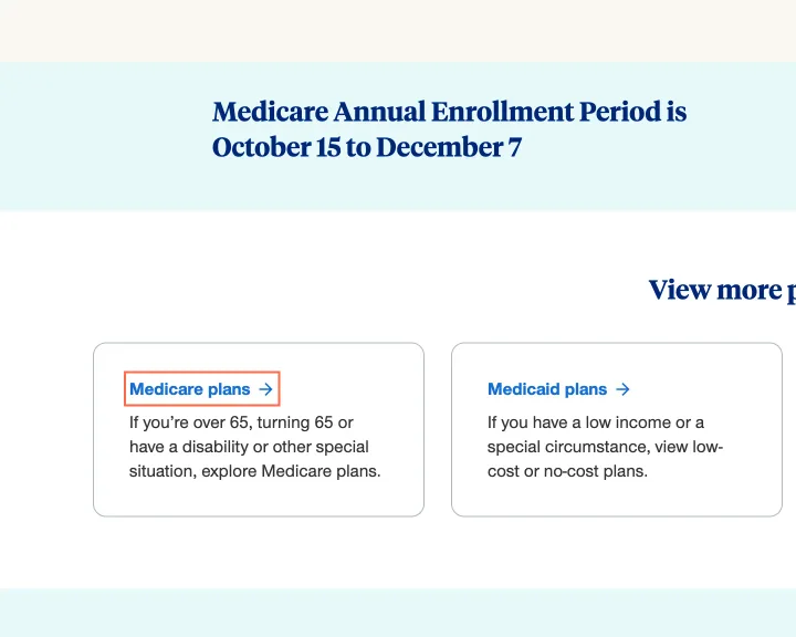 uhc.com at desktop size, the frame on what this finding is about: Most links tried on Shop and Medicare do not change when the pointer is on them.