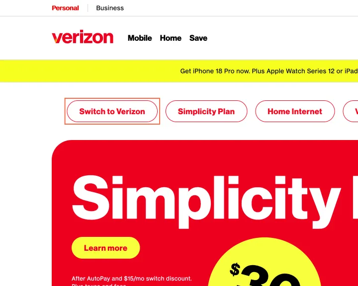 verizon.com at desktop size, the frame on what this finding is about: The home page's quick links and the plans page's savings miss text contrast.