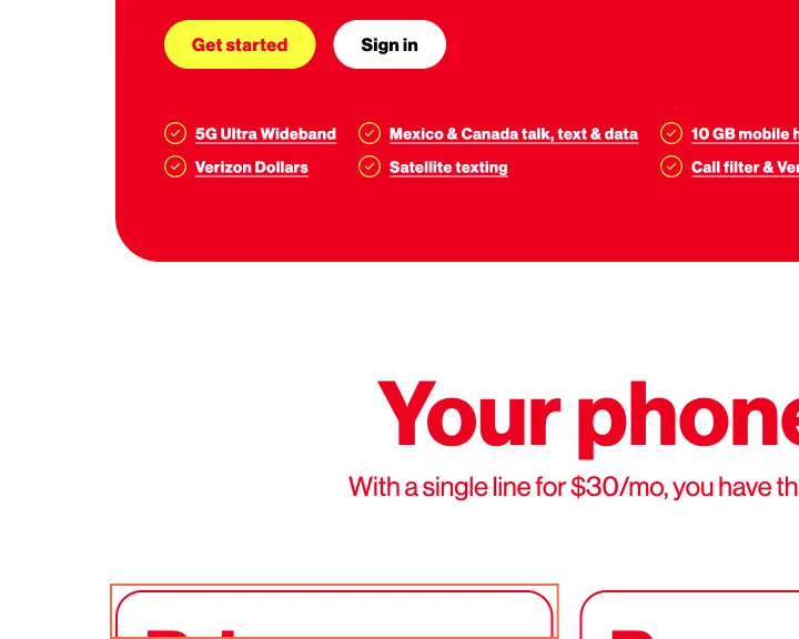 verizon.com at desktop size, the frame on what this finding is about: Plan cards read 'Bring your own phone' but are named 'Keep your own phone'.