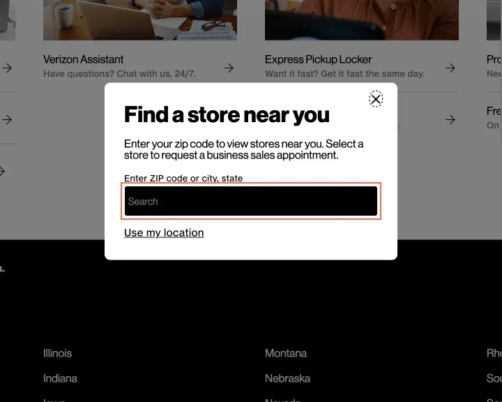 verizon.com at desktop size, the frame on what this finding is about: The store locator's 'Enter ZIP code or city, state' field shows no focus.